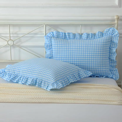 Vintage Sky Blue Plaid Ruffle Pillow Shams Standard Size Set of 2, Washed - Image 2