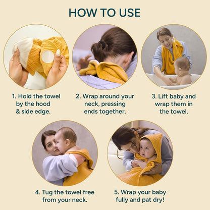 hands-free hooded towel – 100% organic muslin cotton showing dimensions