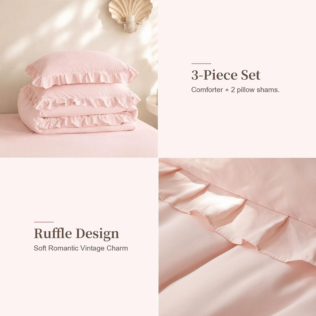 janzaa blush pink comforter set full, ruffle soft showing dimensions