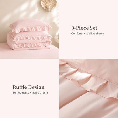 janzaa blush pink comforter set queen, ruffle soft showing dimensions