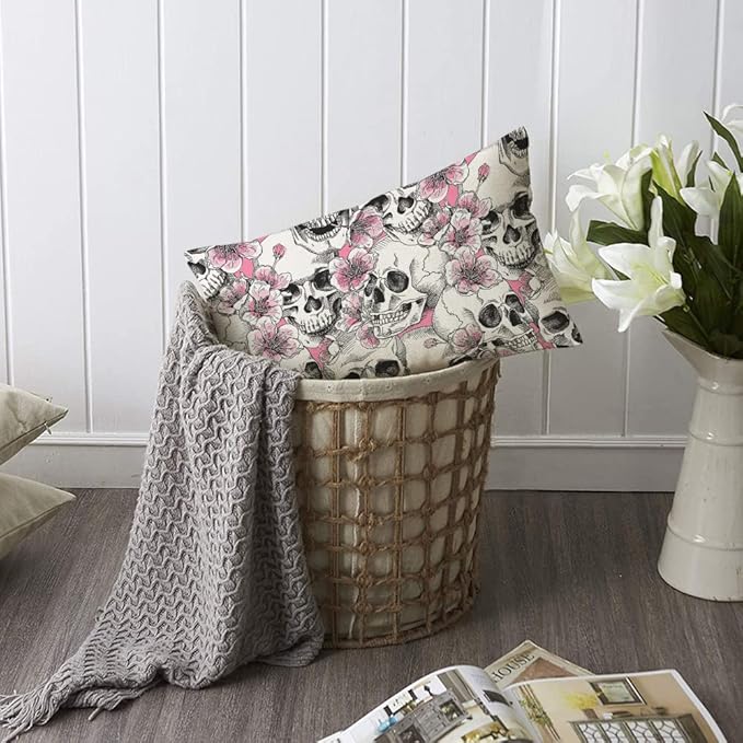 TKS MITLAN Skull and with Flowers Pillow Cover 12x20 inch Pink Cherry Rustic - Image 6