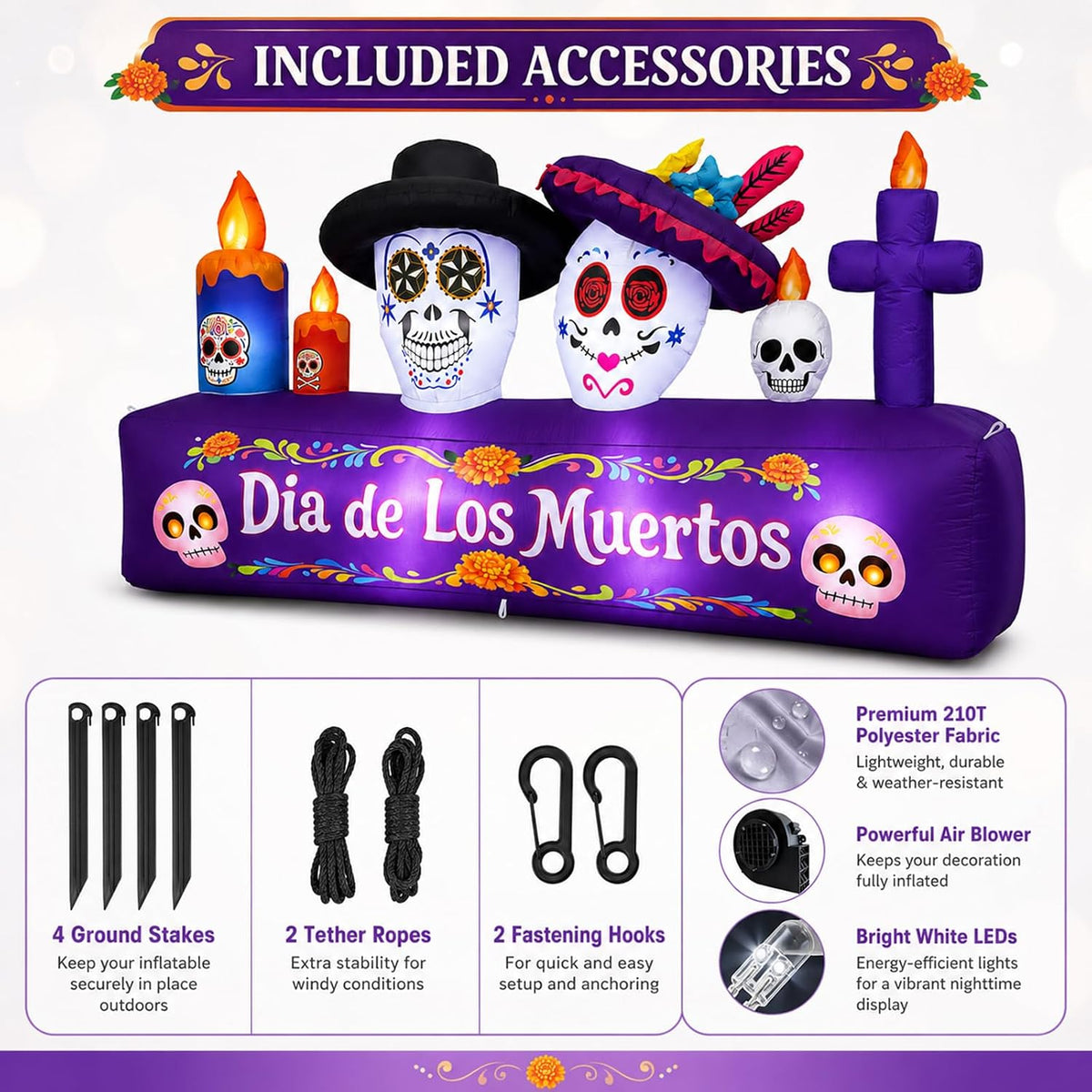 8ft dia de los muertos inflatable decorations, 6ft, close-up detail
