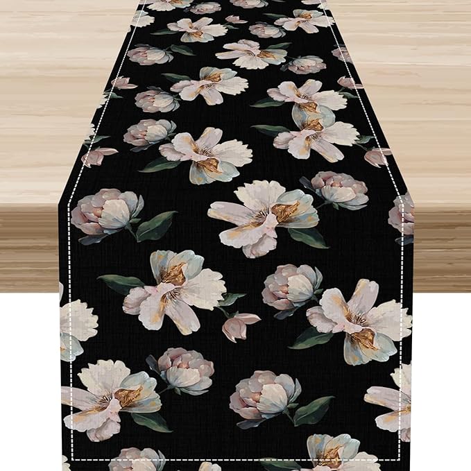 Dark Floral Table Runner, Abstract White Flower Seasonal Coffee Table Center by Unknown