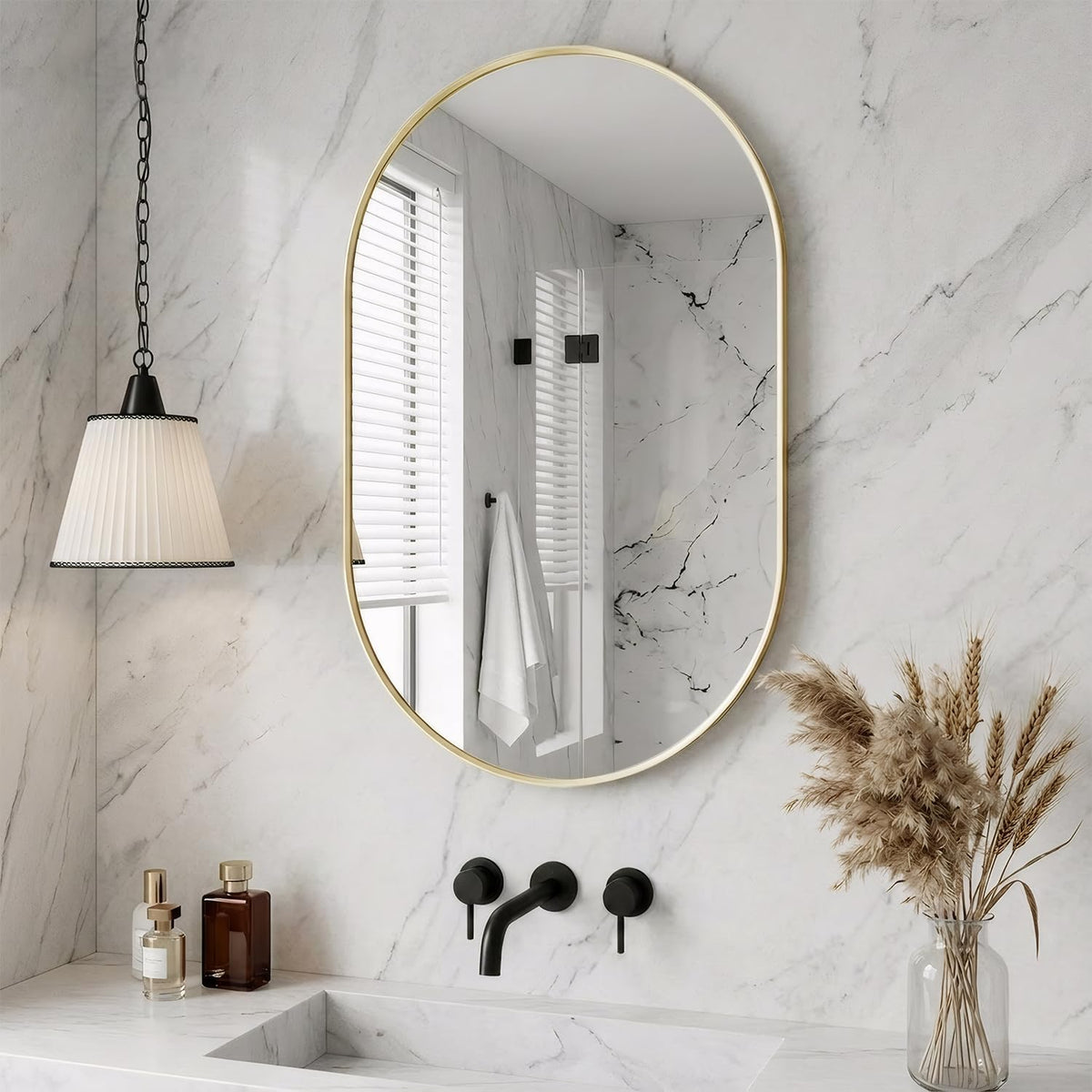 16"x24" brushed gold oval bathroom mirror for over, close-up detail