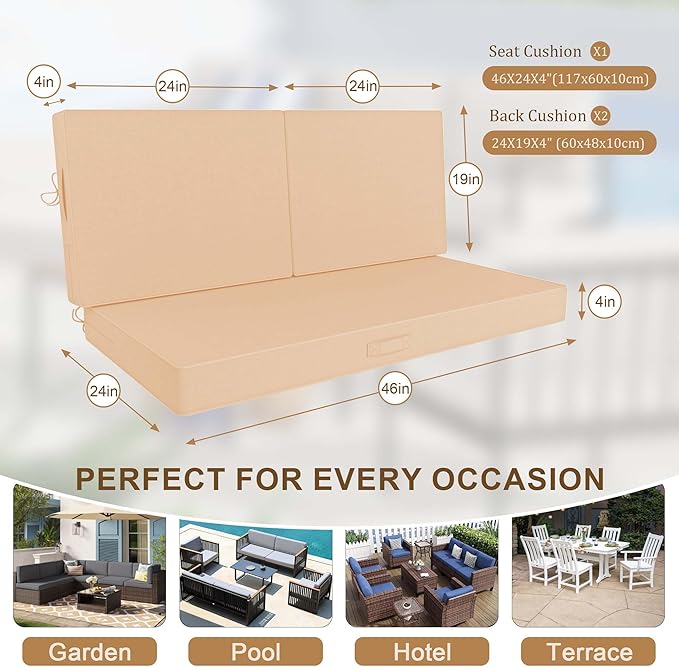 Outdoor Loveseat Cushion Set 46 x 26 Inch, Waterproof & Fade-Resistant Deep - Image 2