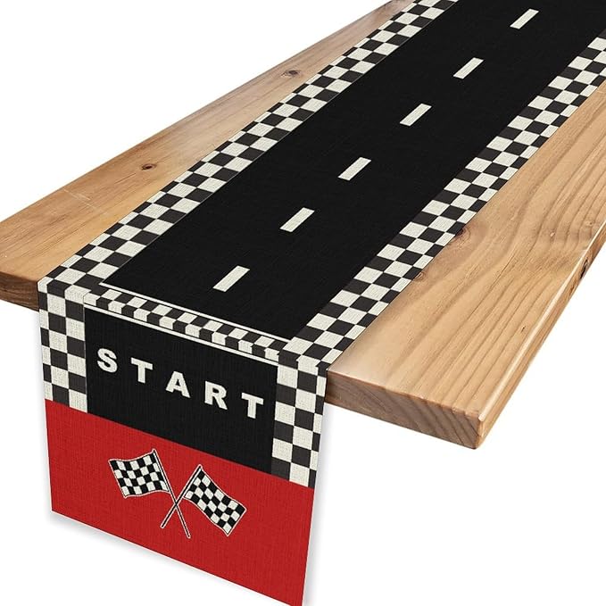 Race Car Table Runner, Kids Themed Race Track Black and White Checked Table - Image 4