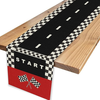 Race Car Table Runner, Kids Themed Race Track Black and White Checked Table - Image 4
