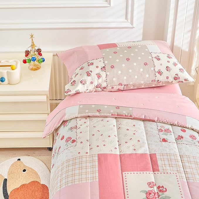 Joyreap 4 Piece Cotton Toddler Bedding Set- Pink Flower Plaids Patchwork Design - Image 6