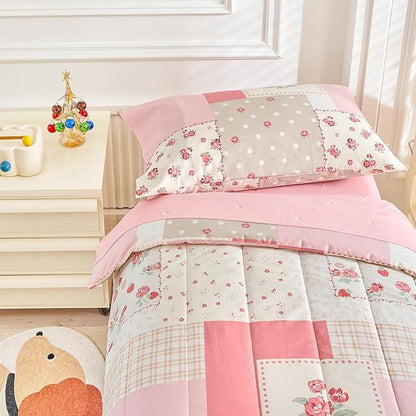 Joyreap 4 Piece Cotton Toddler Bedding Set- Pink Flower Plaids Patchwork Design - Image 6