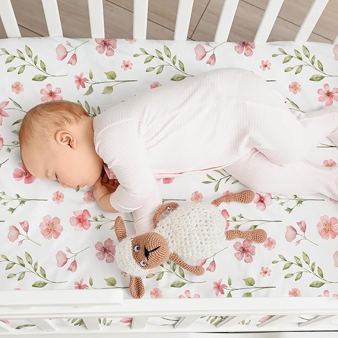 Nap Mat Sheet 47"x24", 3 Pack Pink Floral Baby Crib Sheets Fitted Elastic - Image 2