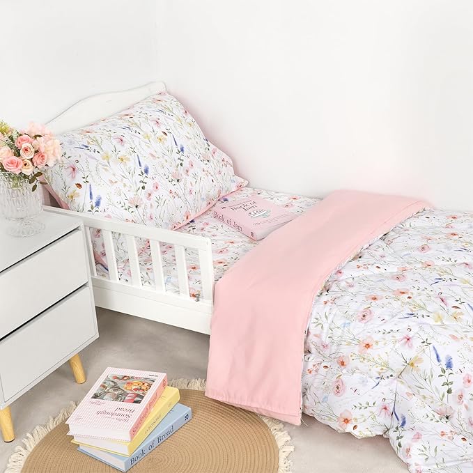 Toddler Bedding Set for Girls, 4 Piece Floral Toddler Comforter Set, Ultra Soft - Image 2