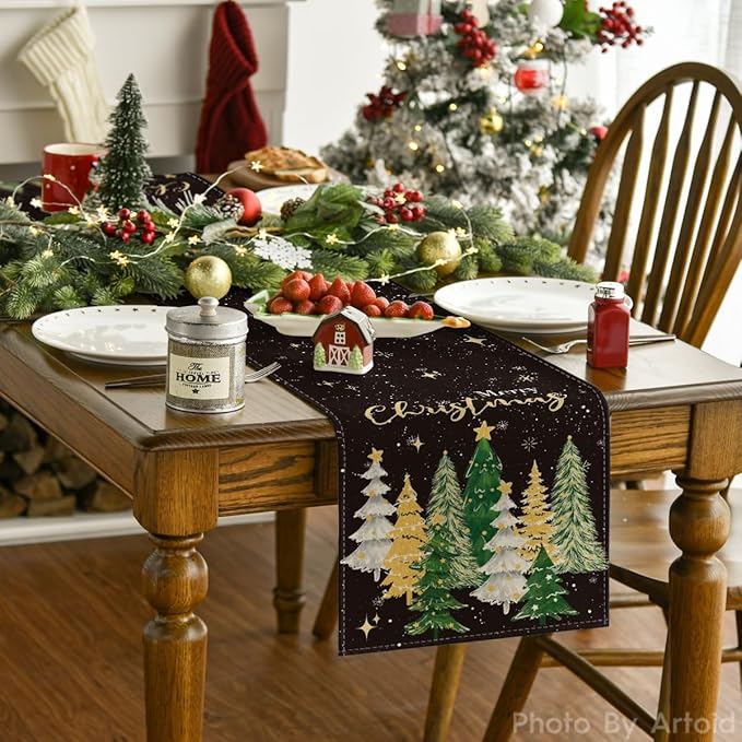 Artoid Mode Xmas Trees Black Merry Christmas Table Runner, Seasonal Winter - Image 4