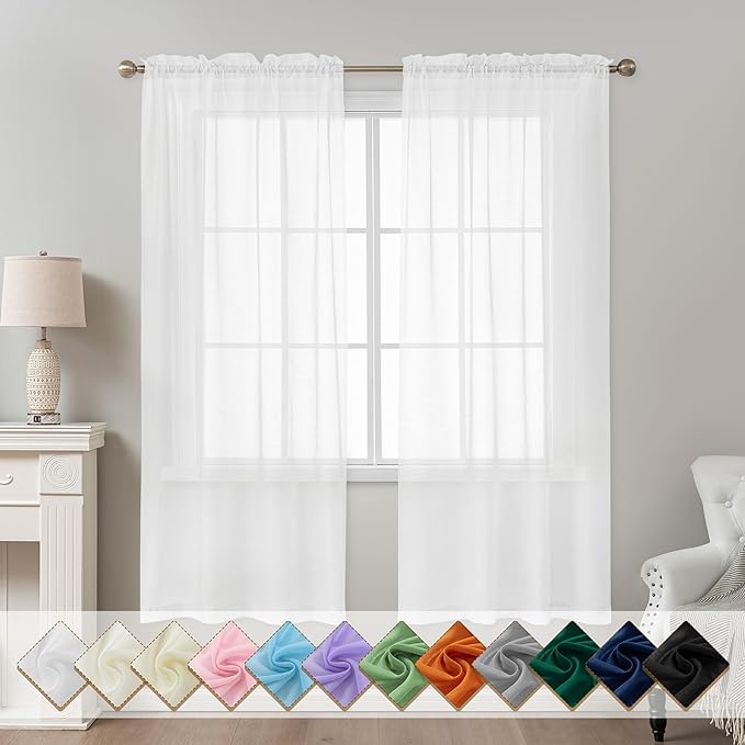 White Sheer Curtains 72 Inches Long, Privacy Semi Sheer Curtains by ABLUEN