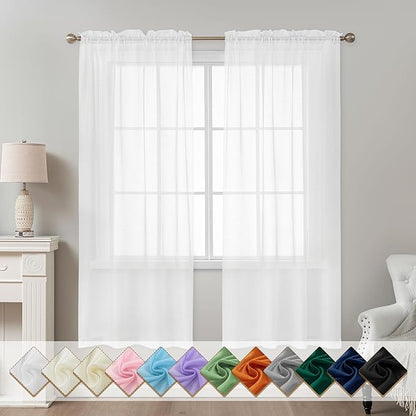 White Sheer Curtains 72 Inches Long, Privacy Semi Sheer Curtains by ABLUEN