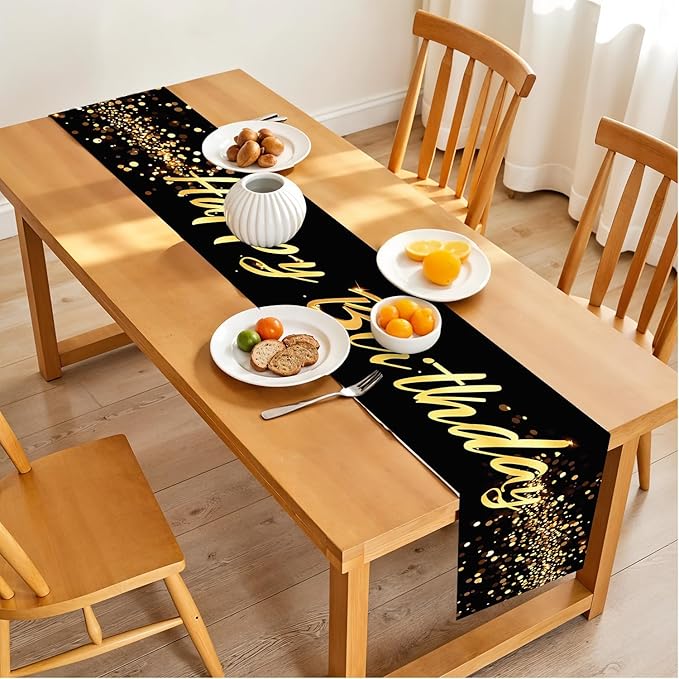 Elegant Black and Gold Happy Birthday Table Runner – 13x72 Inch Birthday Table - Image 3