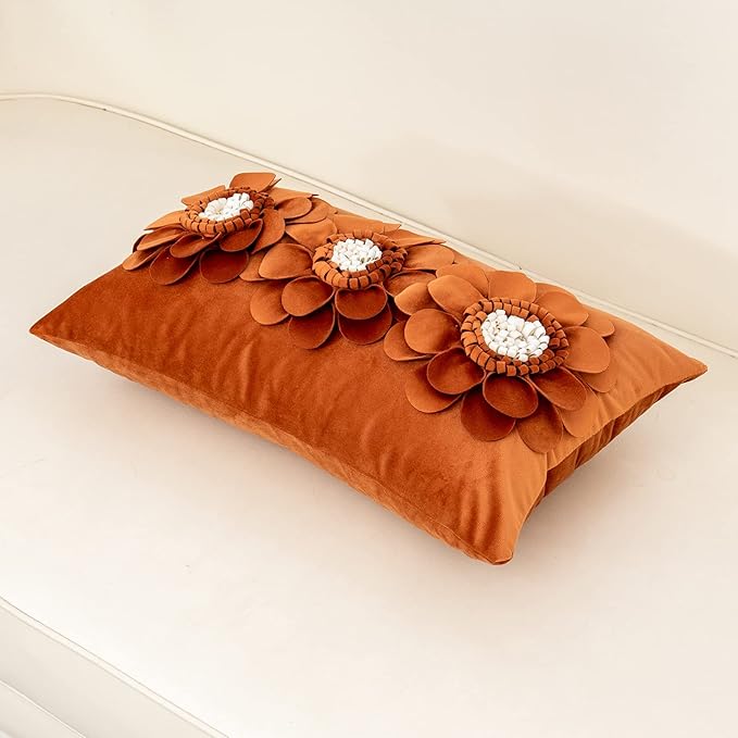 Alerfa 3D Flower Handmade Throw Pillow Cover Decorative Orange Velvet - Image 3