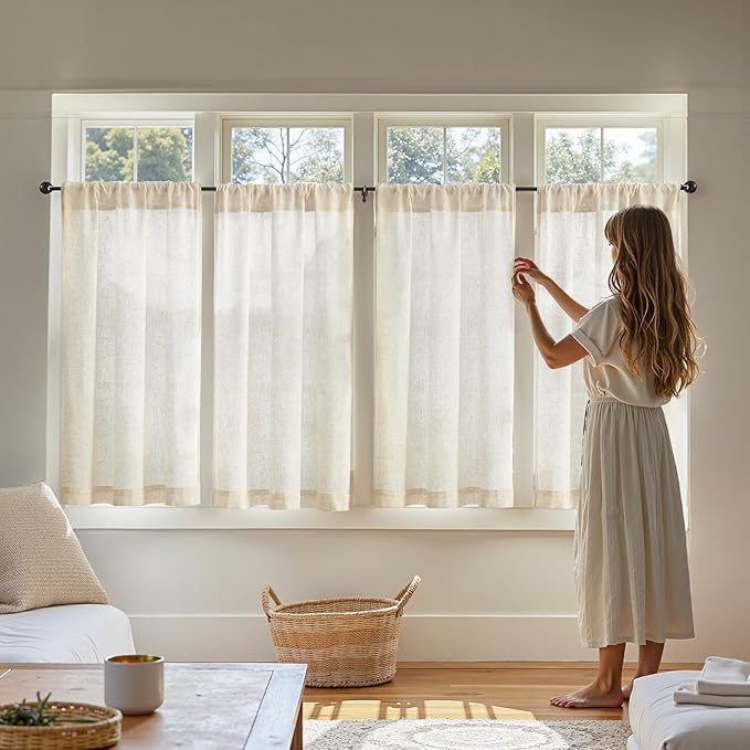 jinchan Tier Curtains 45 Inch for Small Window Linen Blend Cafe Curtains - Image 3