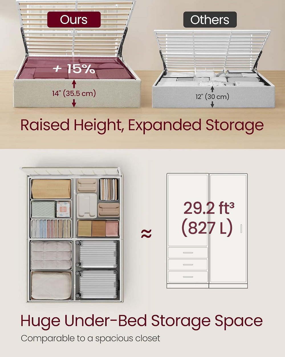VASAGLE Lift Up Storage Bed Frame, Full Size, Upholstered Headboard