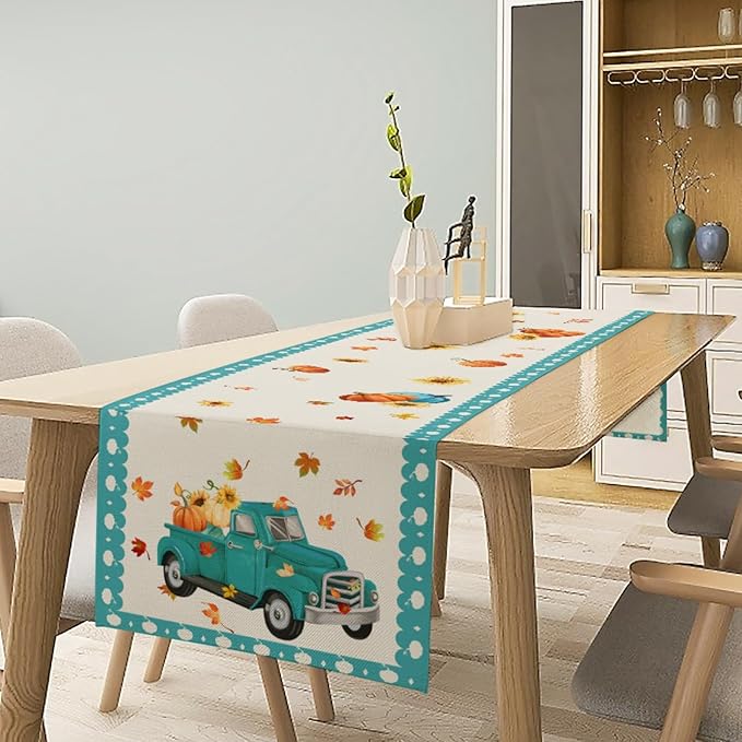 Pumpkin Table Runner, Thanksgiving Linen Farmhouse Table Runners, Kitchen - Image 6