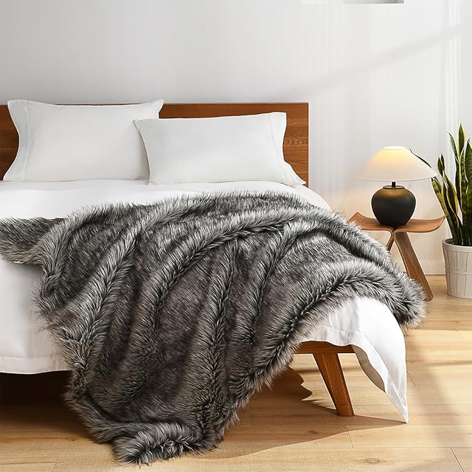 HORIMOTE HOME Luxury Plush Faux Fur Throw Blanket, Long Pile Grey - Image 2
