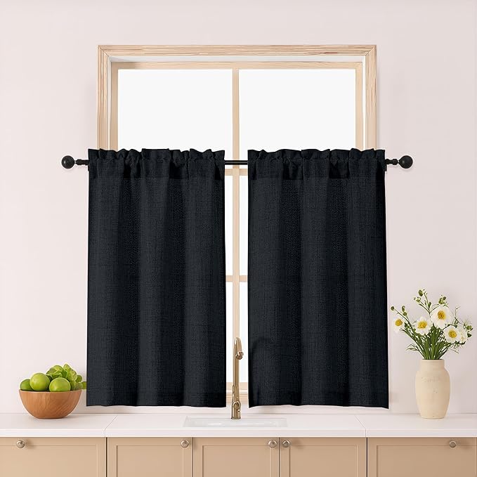 Gwine Black Kitchen Curtains 36 Inch Length 2 Panels, Light Filtering Textured by Gwine
