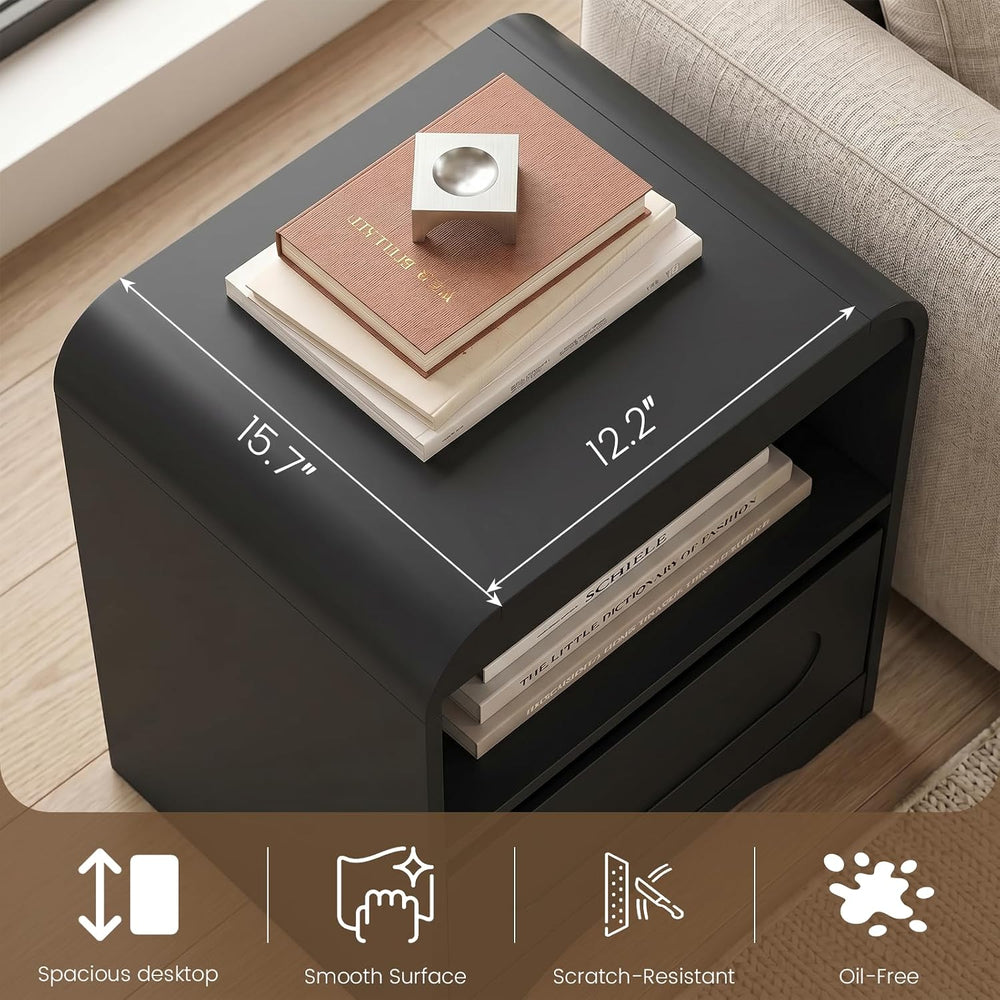 Wood Nightstand with Drawers, Curved Bedside Side End Table w/Open Storage