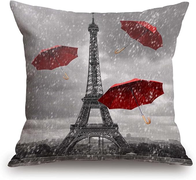 TSSOHU Paris Eiffel Tower Throw Pillow Cover, Raining Red Umbrella European by TSSOHU