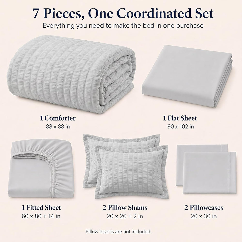 CozyLux Queen Comforter Set, 7 Pieces Light Grey Seersucker Bed in a Bag