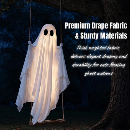Halloween Decorations Outdoor - 5FT Large Hanging Swing Ghost Halloween Decor with String Lights, Spooky Cute Ghost Decorations for Front Porch Yard Tree