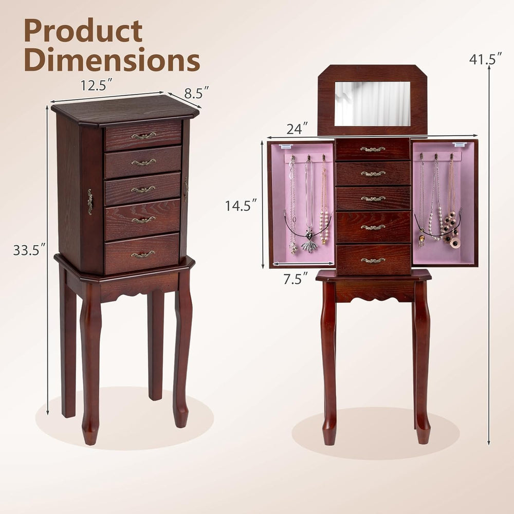 CHARMAID Standing Jewelry Cabinet with 4 Drawers, Flip Top Mirror, Walnut
