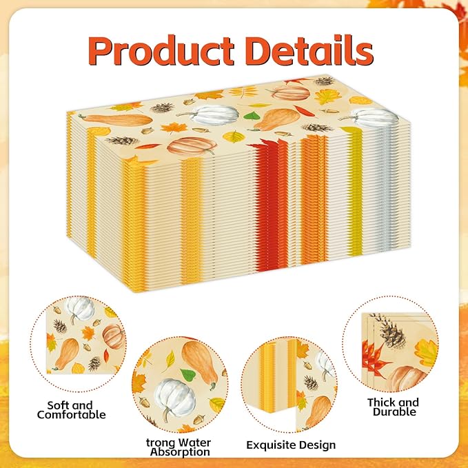 100 PCS Fall Paper Napkins 3-Ply, Disposable Pumpkin Maple Leaves Bathroom - Image 3