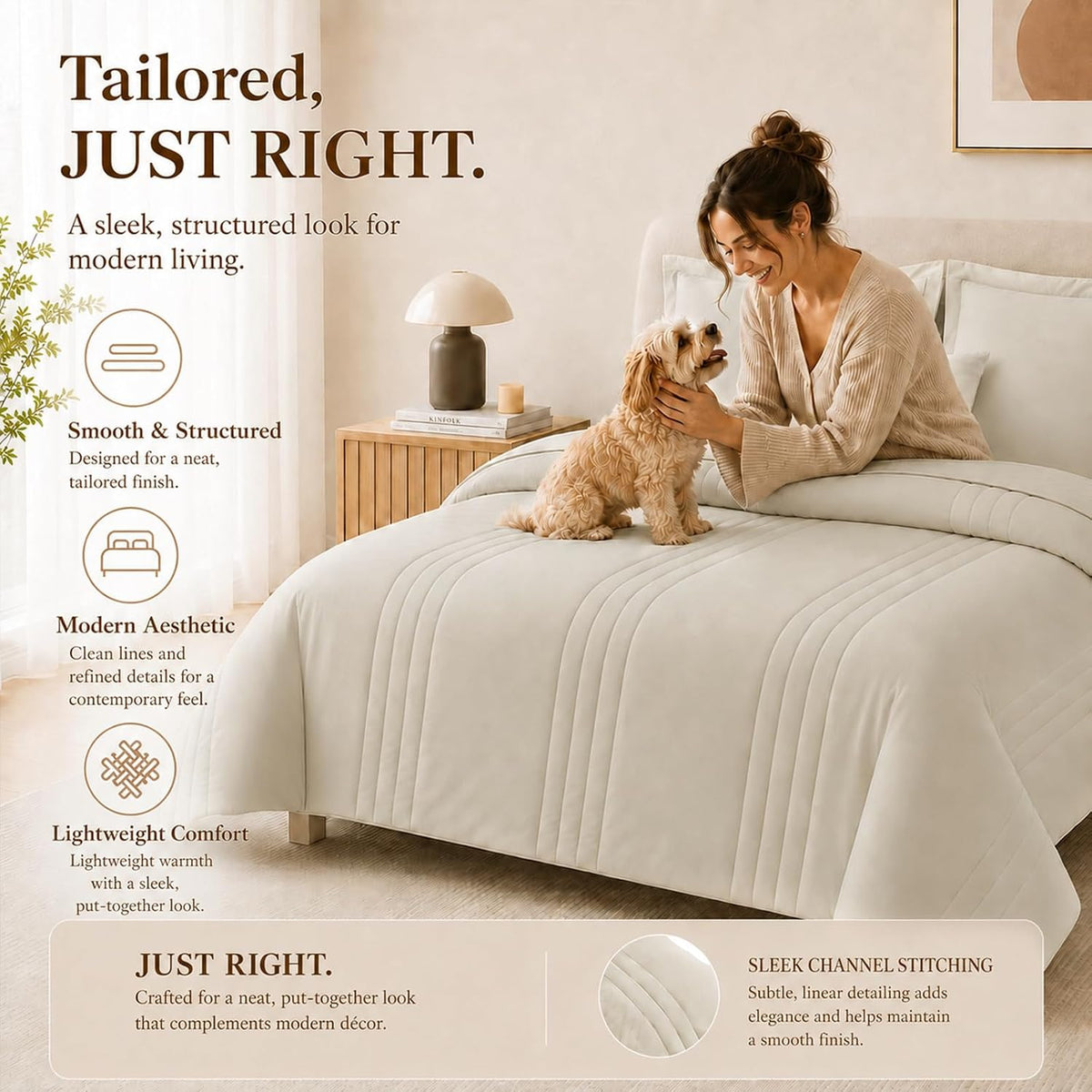 cozylux queen comforter set beige - 7 pieces, side view