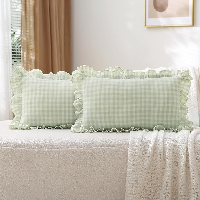 2 Pack Pile Green White Plaid Ruffle Gingham Lumbar Throw Pillow Covers by KMASANIJI