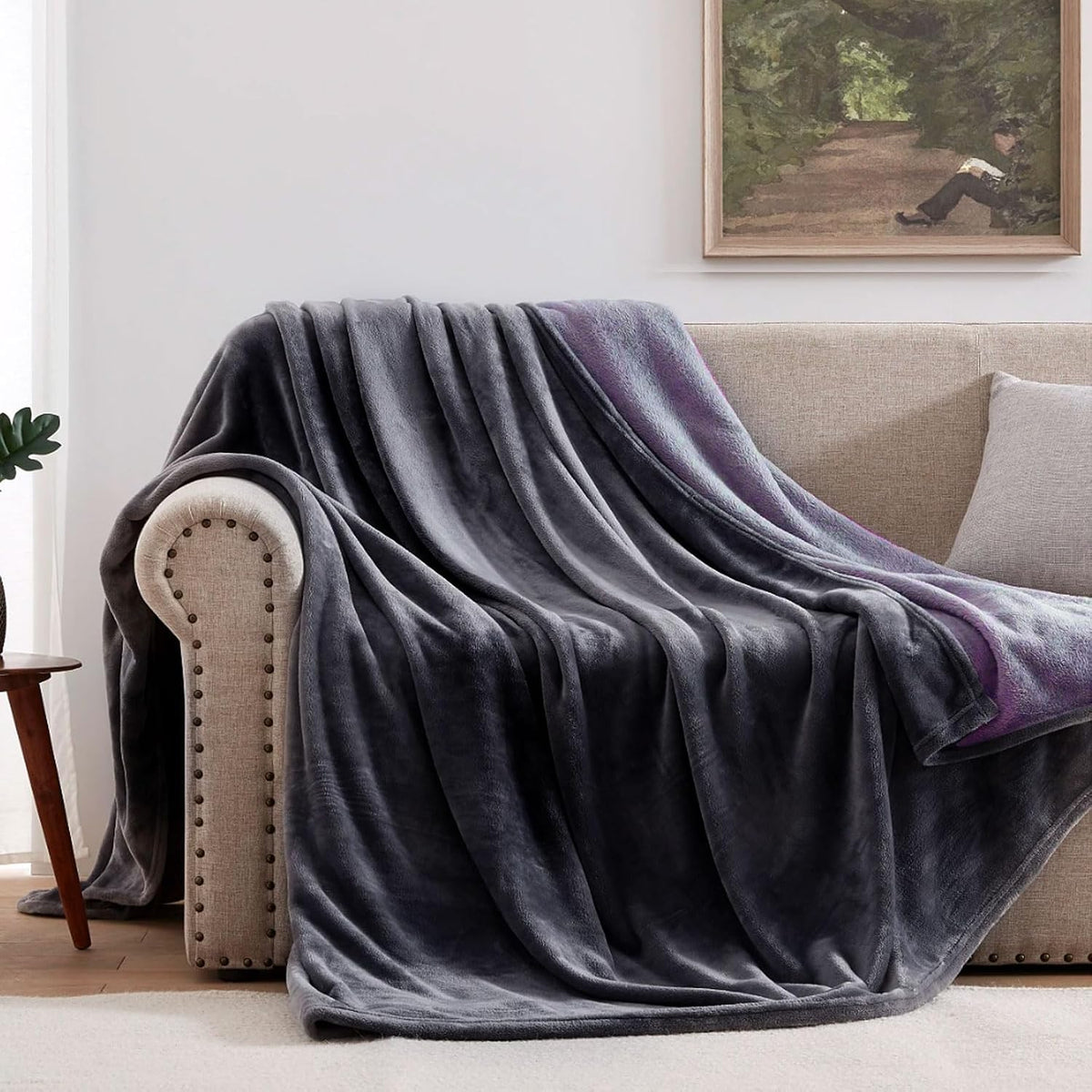 waterproof reversible bed blanket 80"x60", stain-proof cover, grey/violet showing dimensions