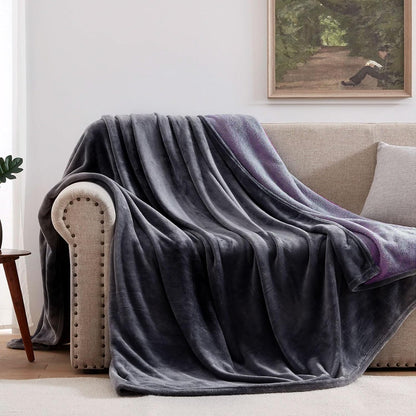 waterproof reversible bed blanket 80"x60", stain-proof cover, grey/violet showing dimensions