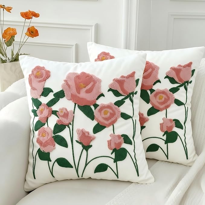 18x18 Embroidered Throw Pillow Covers Set – Pink Rose Cotton Decorative Cushion by EmbroideredLiving