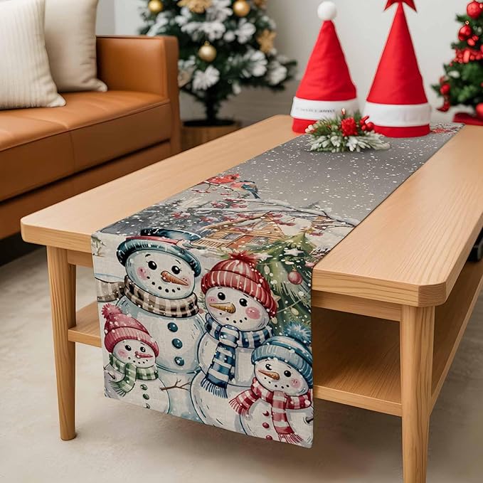 Christmas Table Runner, 13x72 Inch, Snowman Family Table Runners Pine Tree Snow - Image 8