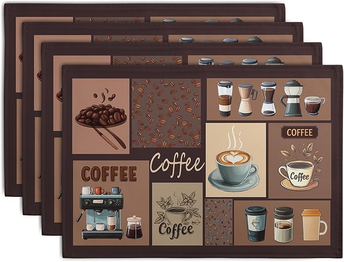 Coffee Theme Placemats Set of 4 Farmhouse Style Brown Linen Fabric Table Mat by Wnoesat