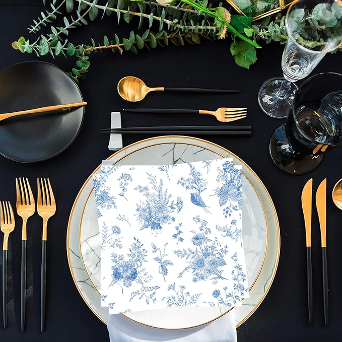 100 Pack Blue Floral Cocktail Napkins Blue and White Floral Toile Paper Napkins - Image 4