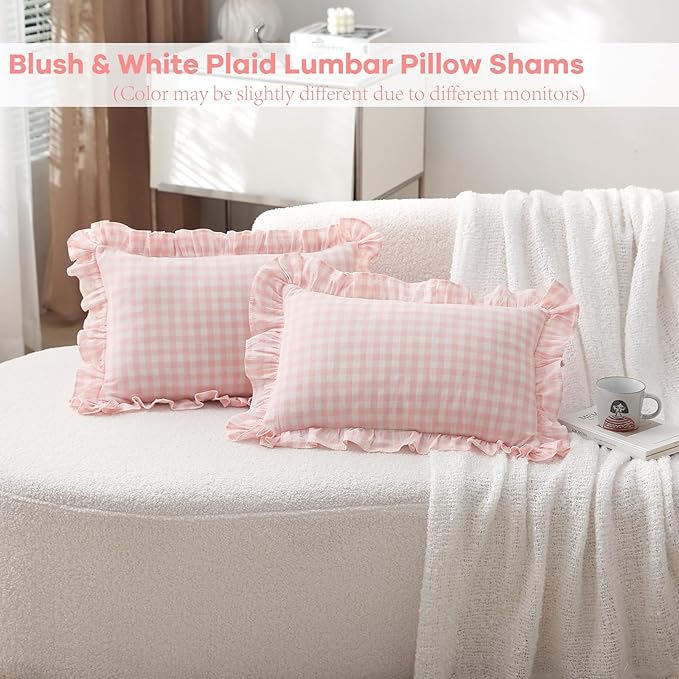 2 Pack Blush White Plaid Ruffle Gingham Lumbar Throw Pillow Covers, 100% Washed - Image 2