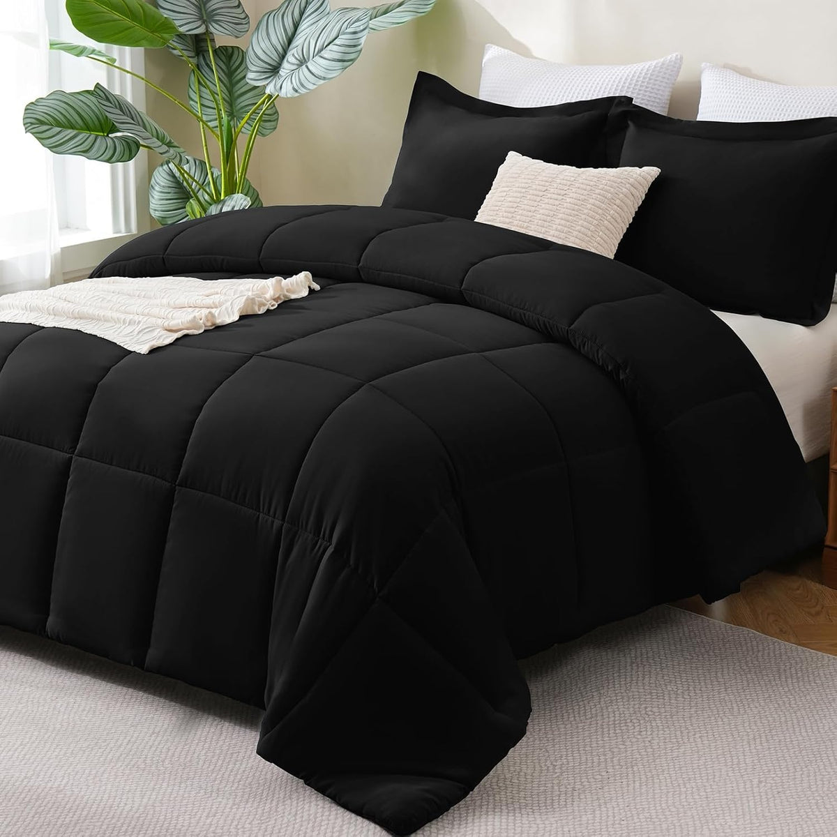cozylux full size comforter sets, 3-piece box-stitched, black, main product view