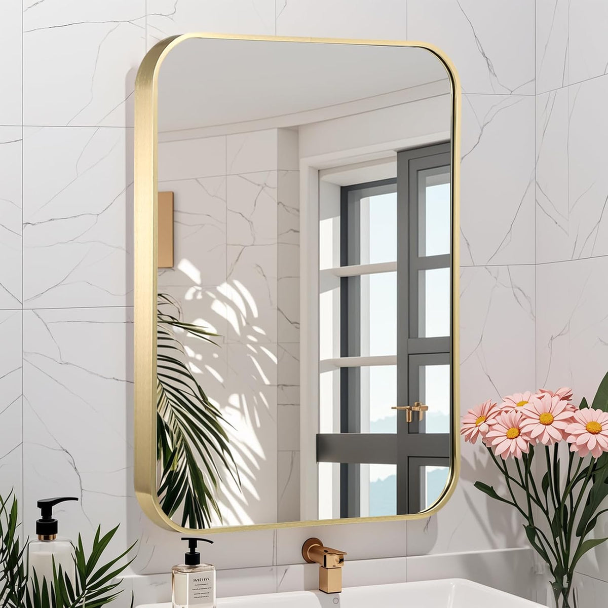 24x36 inch gold bathroom mirror, brushed brass gold shown in use