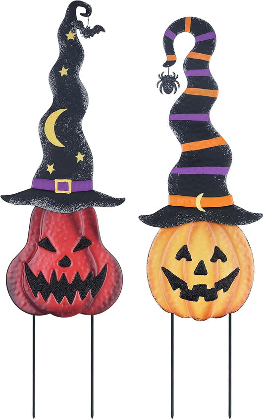 YEAHOME Halloween Decorations Outdoor, 2 Pack Metal Pumpkin Garden Stakes with Witch Hats for Halloween Decor, Jack o' Lantern Pumpkin Yard Signs for Outside Garden Lawn Patio Party Decorations