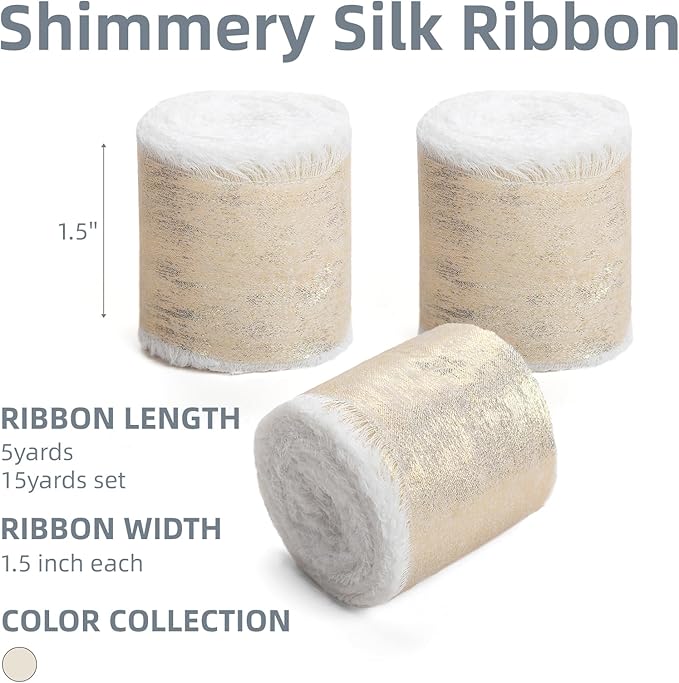 Champagne Gold Silk Chiffon Ribbon, Ivory White Frayed Shimmery Silk Ribbon - Image 2