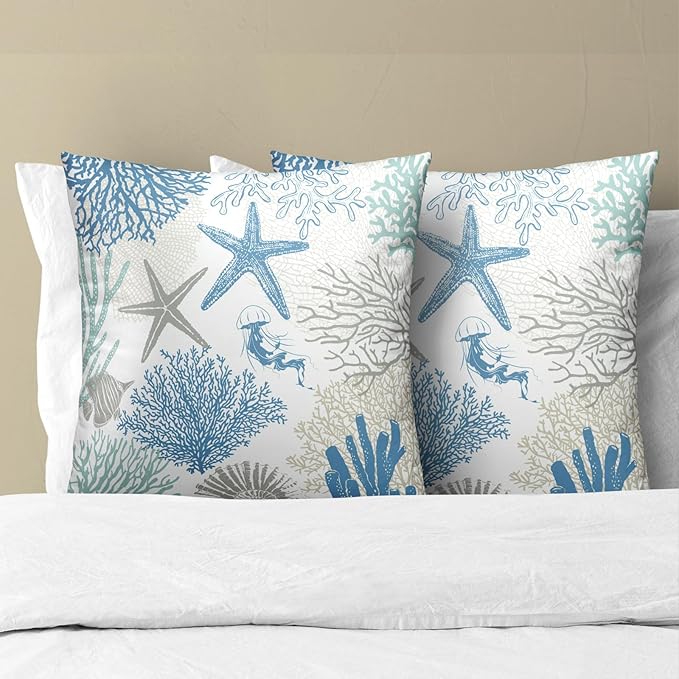 Coastal Nautical Throw Pillow Cover 22x22 inch Set of 2 Beach Themed Sea Coral - Image 3
