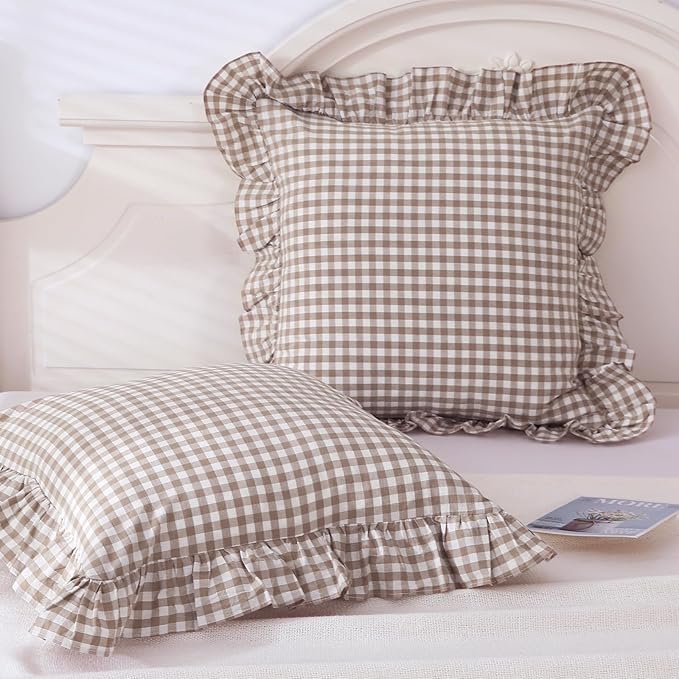 Taupe Plaid Ruffle Decorative Throw Pillow Covers - Image 2