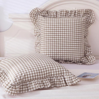 Taupe Plaid Ruffle Decorative Throw Pillow Covers - Image 2