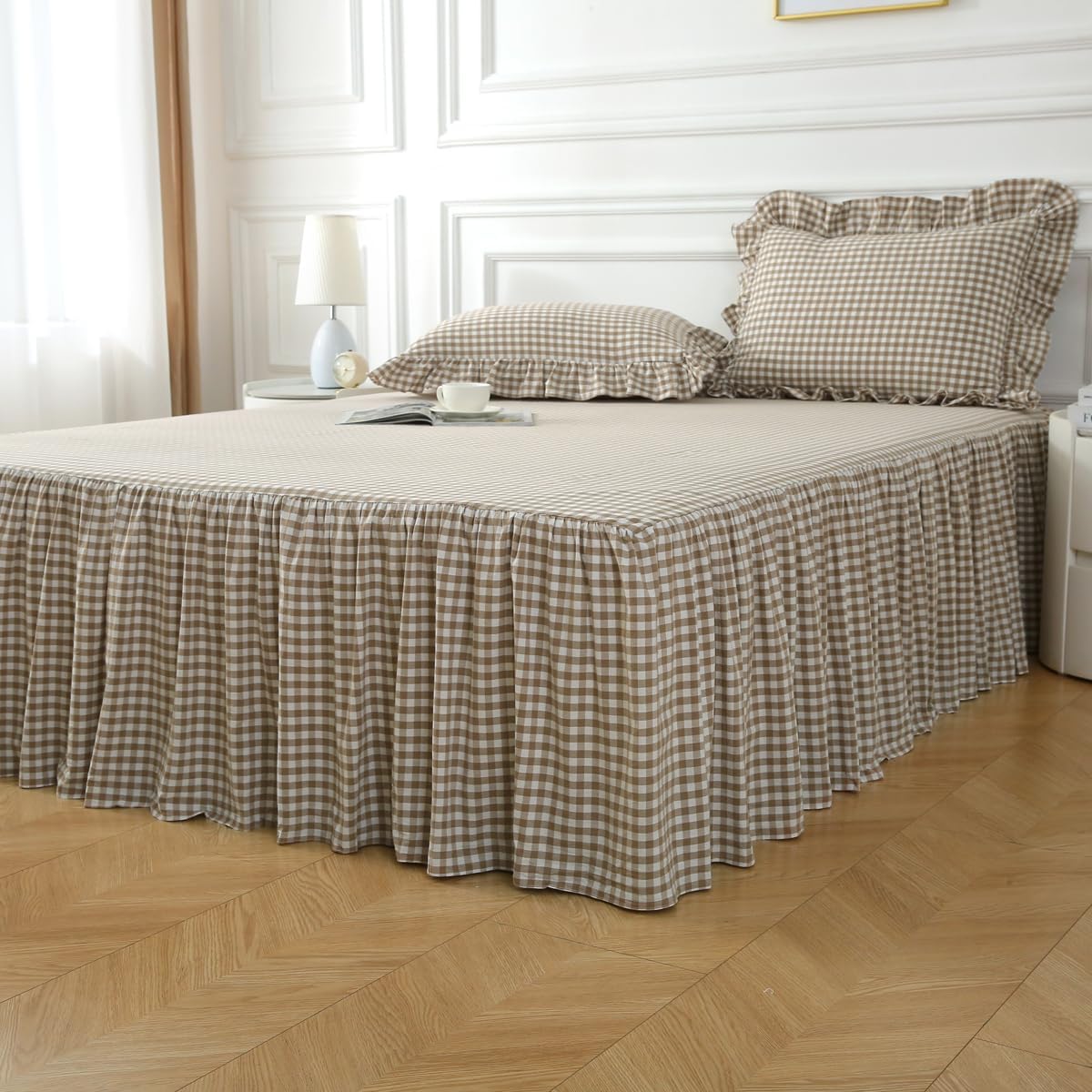 silnuo taupe/white plaid bed skirt gingham dust ruffle, package contents