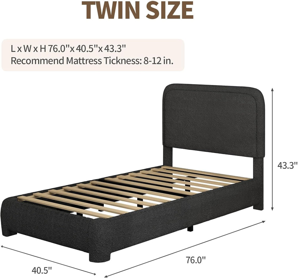 Twin Bed Frame, Cloud Boucle Headboard, Rounded Corners, Black