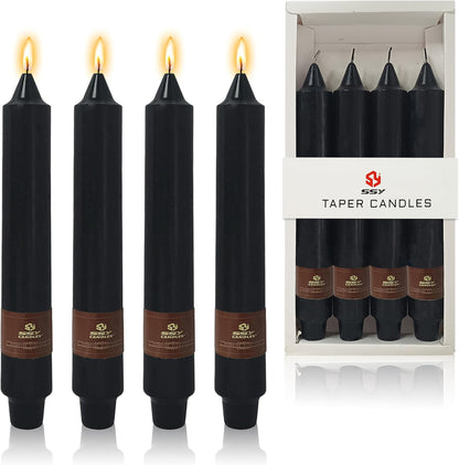 Black Halloween Taper Candles 4 Pack Hand-Poured 9 Inch Unscented Long Tapered Candles for Spooky Decor, Haunted Houses & Gothic Weddings - Clean Burning, Smokeless & Odorless